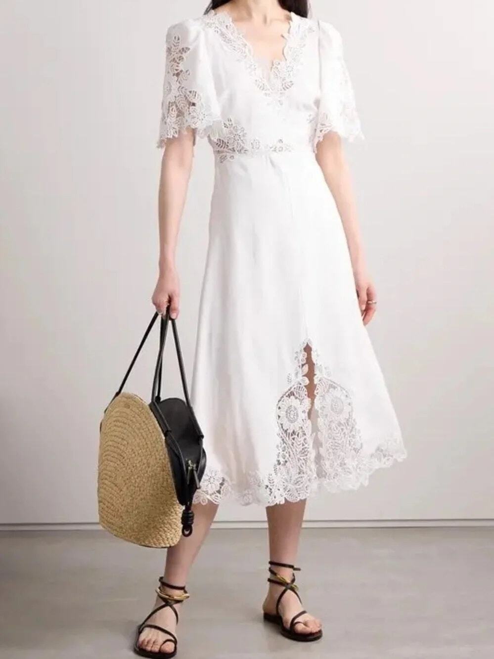 Sea New York Marcella Size 4 White Lace Midi Dress Boho Cottagecore 100% Cotton